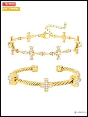 18K Gold Plated Stainless Steel Cross Bracelet Set Stackable Women